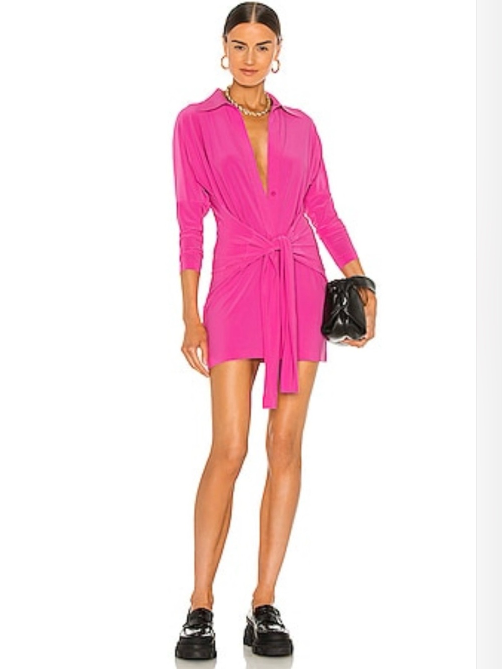 Norma Kamali Fuchsia Long-Sleeve Tie-Waist Mini Dress